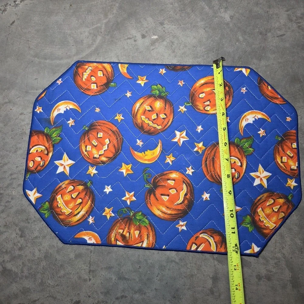 Set of 4 Vintage Halloween Jack-O'-Lantern Quilted Fabric Placemats Pumpkin Moon